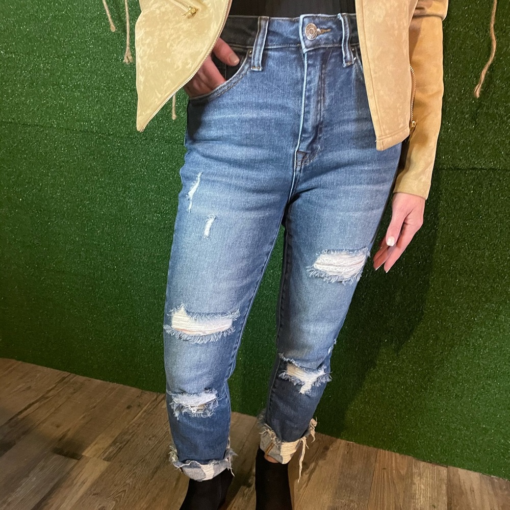 RISEN | Distressed high rise straight leg jeans